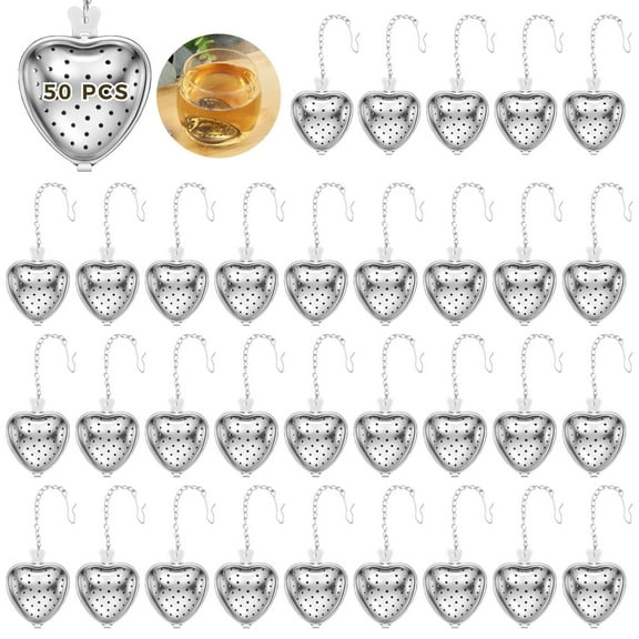 50 PCS Tea Strainers, Stainless Steel Tea Ball Filters, Loose Leaf Tea Steeper Infusers, Tea Interval Diffuser Heart-Shaped Mesh Tea Filters with Extended Chain Hook
