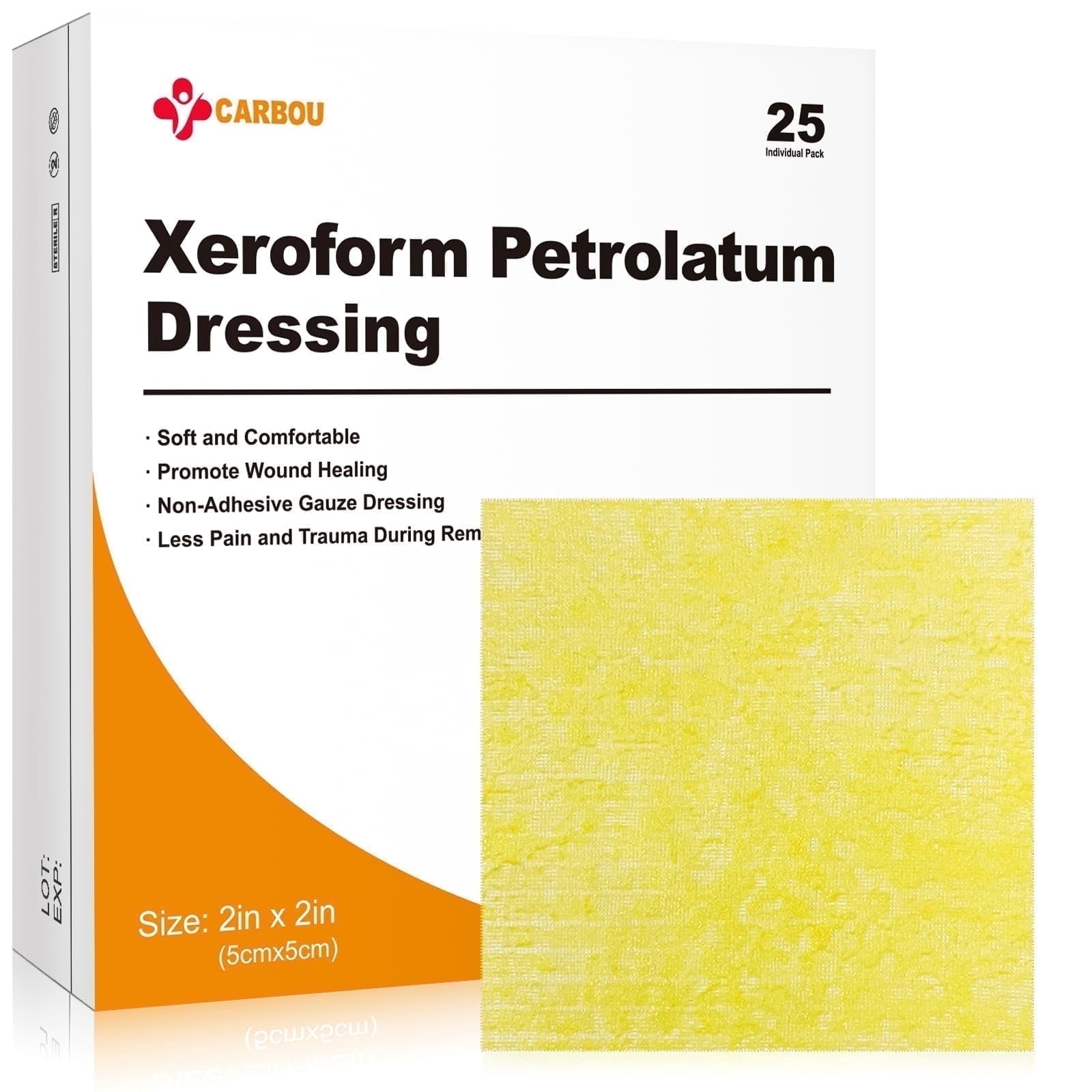 Carbou Xeroform Petrolatum Dressing Non-Adherent Gauze Pads 2"x2", 25 Count