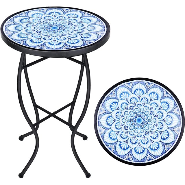 Patio Side Table Outdoor Mosaic Table/Round Coffee Side Accent Table