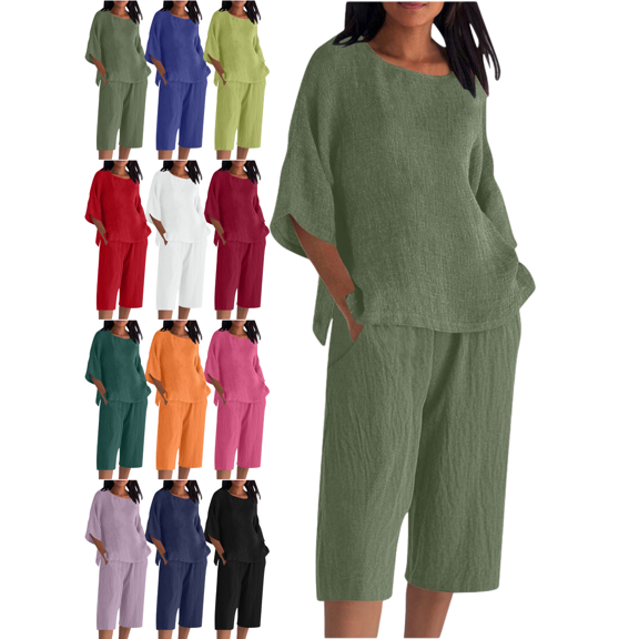 Xdegoge Cotton Sets for Women 2 Piece Summer Travel Lounge Outfits Batwing Sleeve Crewneck Pullover Tops Oversized Comfy T-Shirt Elastic Waist Wide Leg Cropped Pants Loungewear Fit Casual Vacation