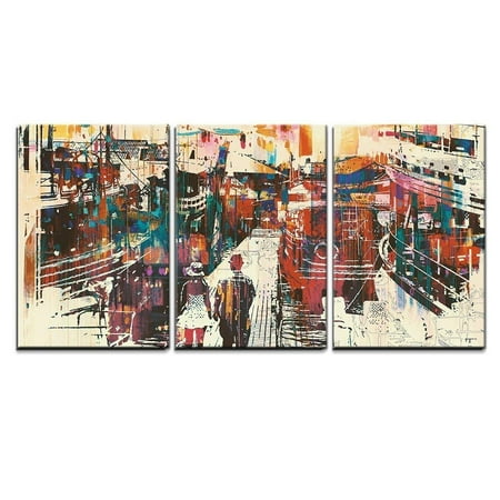 Pier One Palm Harbor wall26 3 Piece Canvas Wall Art - Couple Walking on Harbor Pier with Colorful Boats,Illustration Painting - Modern Home Decor Stretched and Framed Ready to Hang - 24