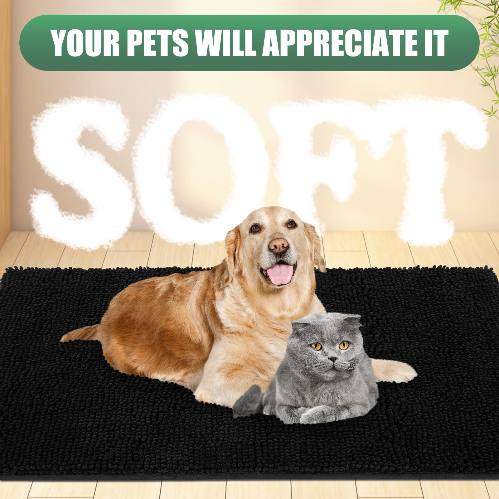 Chenille Absorbent Outdoor Doormat 36" x 24", Washable Muddy Door Mats for Dog Non Slip Indoor Doormat Dog Mat for Muddy Paw Front Inside Doormats for Entryway Black