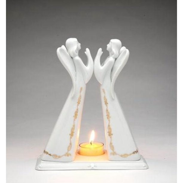 7 5/8 Inch Two White Praying Angels Tealight Candle Holder Figurine