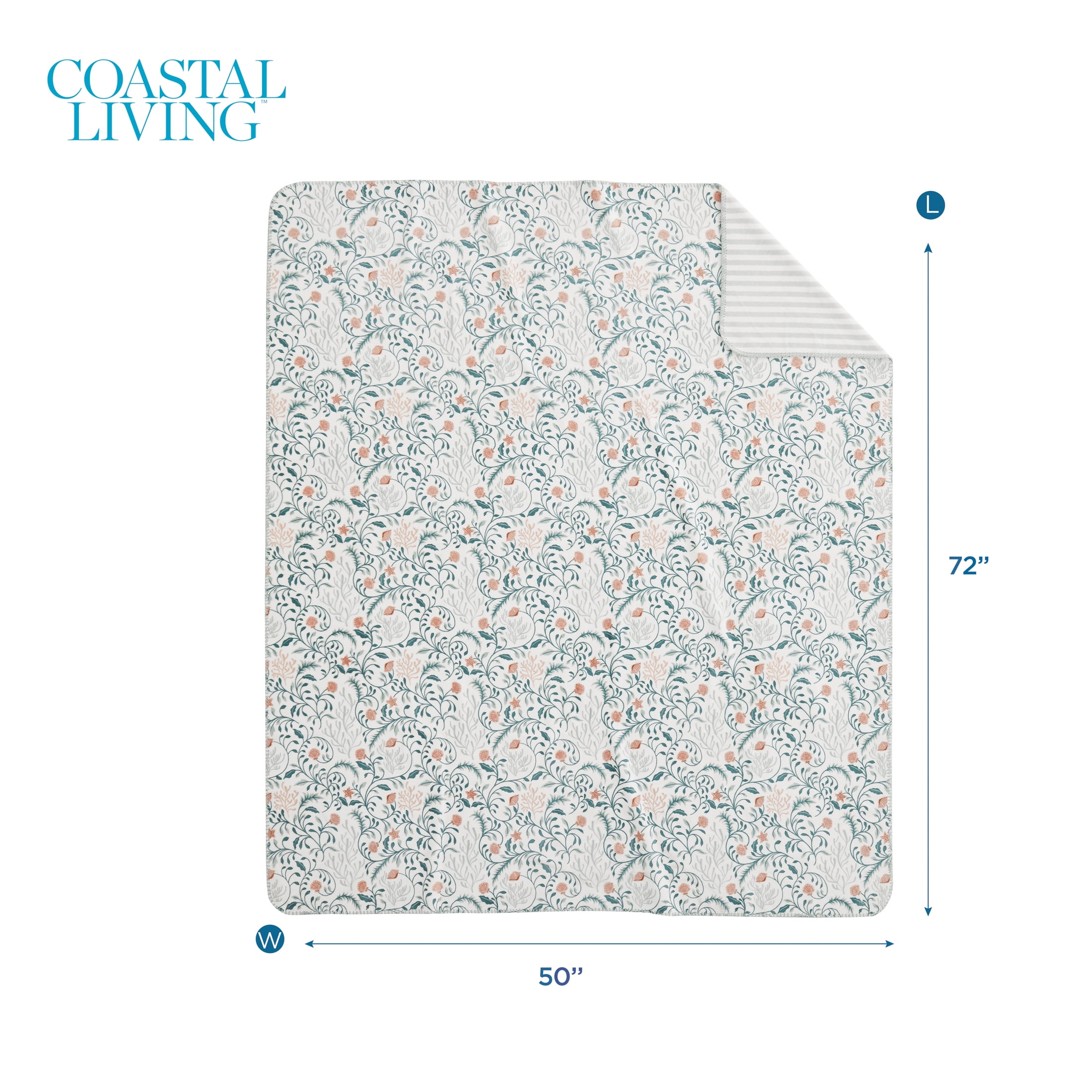 Coastal Living Throw Blanket, Reversible Plush Fleece Blanket for Couch, Green Seaberry Print, 50" x 72"