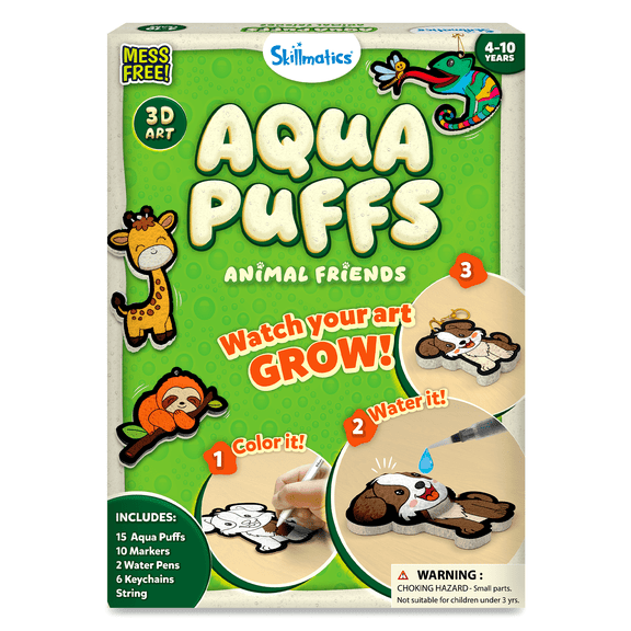 Skillmatics Aqua Puffs Animals 3D Art Kit, Mess-Free DIY Color Craft Activity for Kids, Screen-Free Travel Toy, Gift for Girls & Boys Ages 4-10
