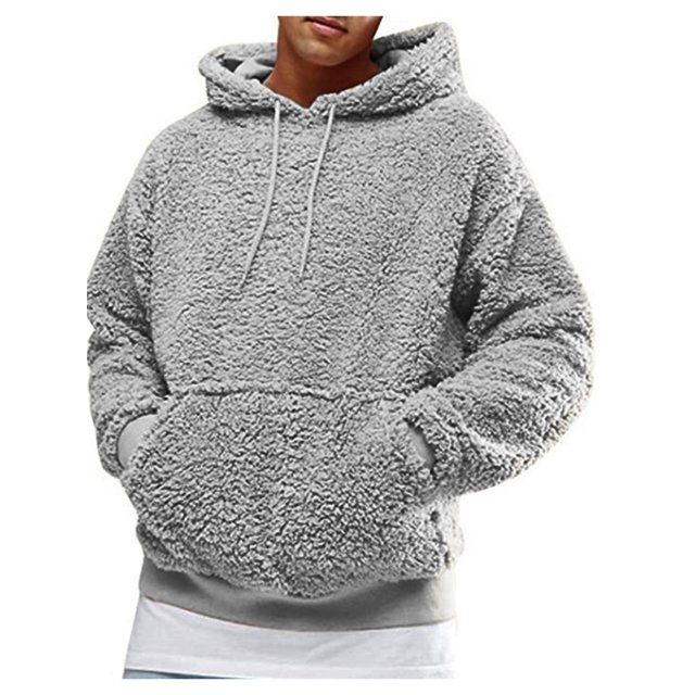FOCUSNORM Men Winter Hoodie Polar Fleece Solid Color Hooded Sweatshirt