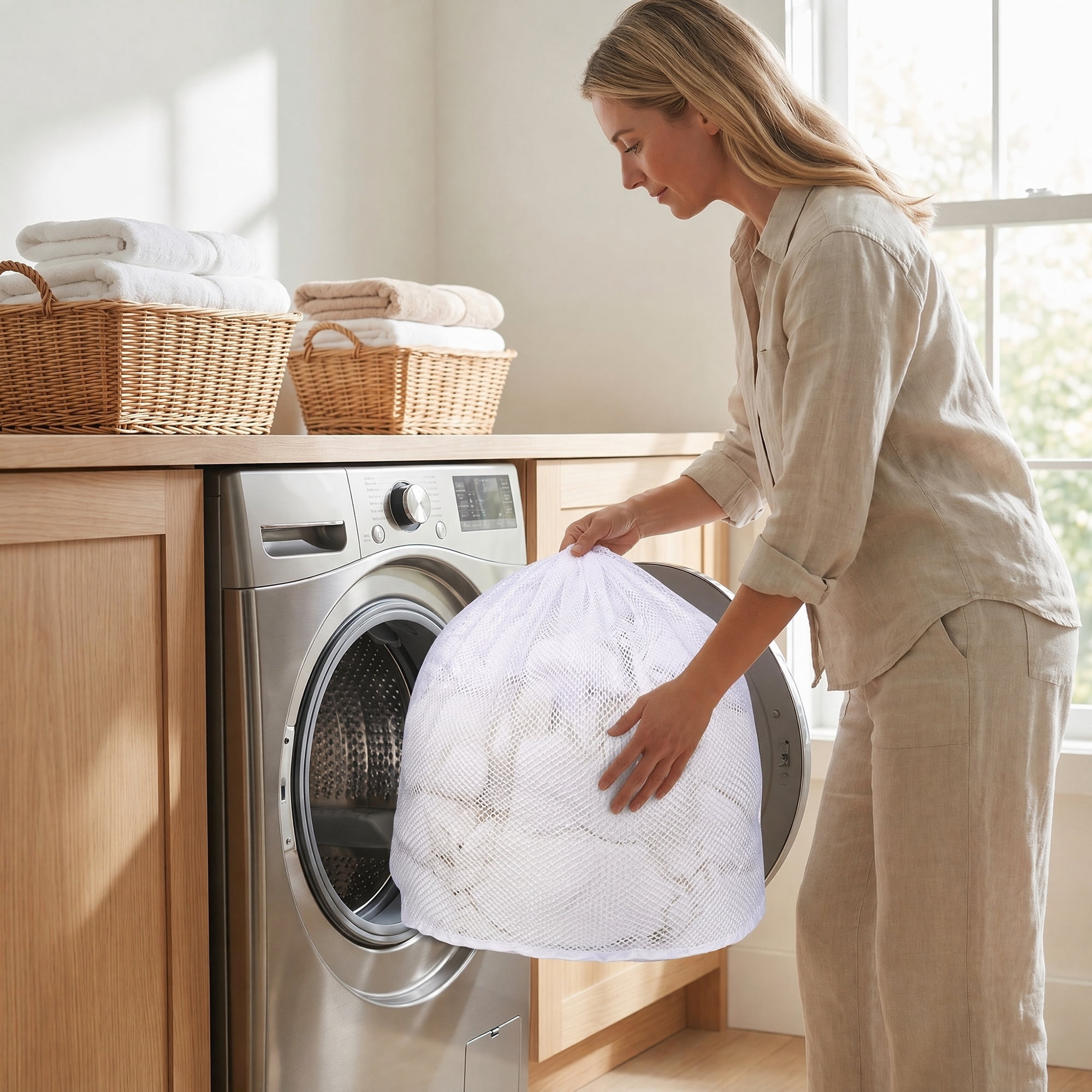 Unique Bargains 2 Pack Nylon Mesh Laundry Bags with Drawstring Closure for Socks White 15.7"x19.7"