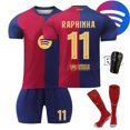 thumbnail image 1 of SEAYI 2425 Spanish Soccer Club Jerseys 4 Piece Sets, Number 11 RAPHINHA Printed Short Sleeve Shirts Shorts Soccer Uniforms with Socks and Kneepads, Barcelona Home Game Soccer Suits for Kids, 11/20, 1 of 9