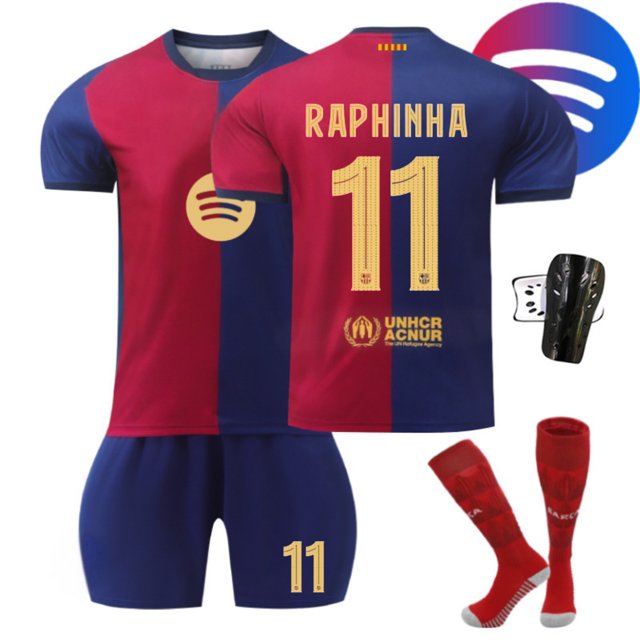 SEAYI 2425 Spanish Soccer Club Jerseys 4 Piece Sets, Number 11 RAPHINHA Printed Short Sleeve Shirts Shorts Soccer Uniforms with Socks and Kneepads, Barcelona Home Game Soccer Suits for Kids, 11/20