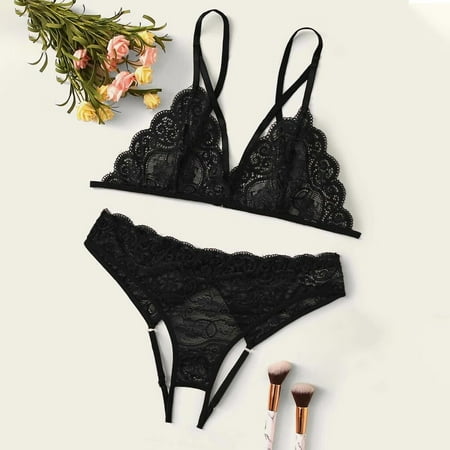 

Ykohkofe New Women Plus Size Lace Lingerie Bra+Thong Underwear Set Black Sleepwear