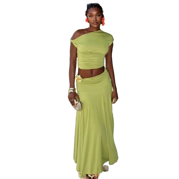 Women's Diagonal Collar Sleeveless Pleated Crop Tops & Long Skirt, Solid Color, 2pcs Set