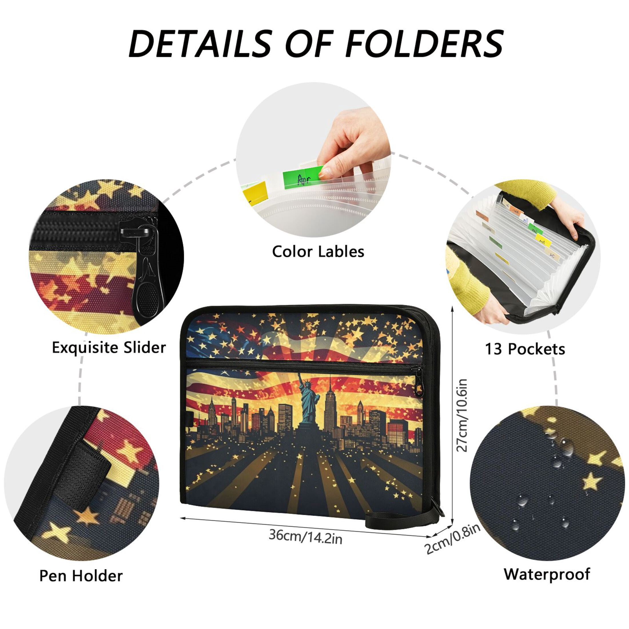 13-Pocket Expanding File Folder—Nylon Accordion File Organizer with Handwritten Labels, Liberty