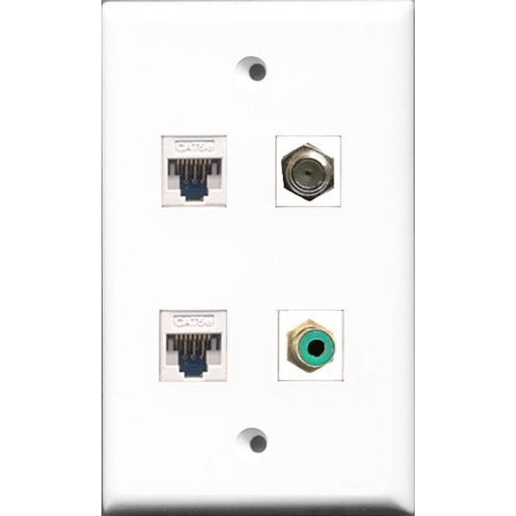 RiteAV - 1 Port RCA Green and 1 Port Coax Cable TV- F-Type 2 Port Cat5e Ethernet White Wall Plate