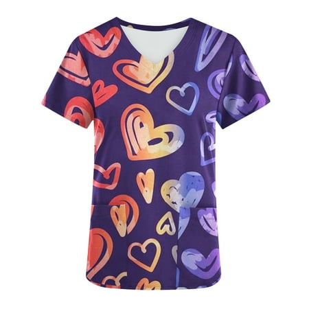 

Odeerbi Valentine s Day Scrub Tops for Women Short Sleeved V-neck Shirt With Pocket Purple