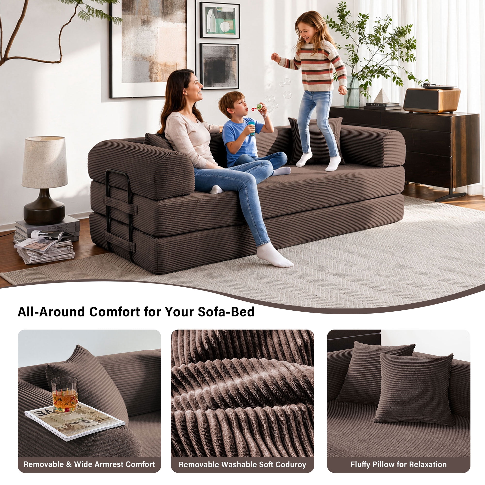 5-in-1 Folding Convertible Sofa Bed, 79" Corduroy Floor Couch Futon, Pull-Out Sleeper Loveseat, Modular Boneless Sofa for Living Room & Bedroom, Brown