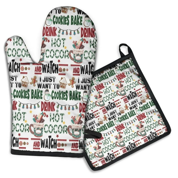Multicolor Christmas Pattern Kitchen Oven Mitt and Pot Holder Sets 2 Pcs for Baking, Cooking and Grilling, Heat Resistant Up To 392 °F
