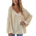 thumbnail image 1 of Blusa de ajuste casual con cuello en V y manga larga con cordón para mujer de moda para citas en la oficina Albaricoque S, 1 of 8