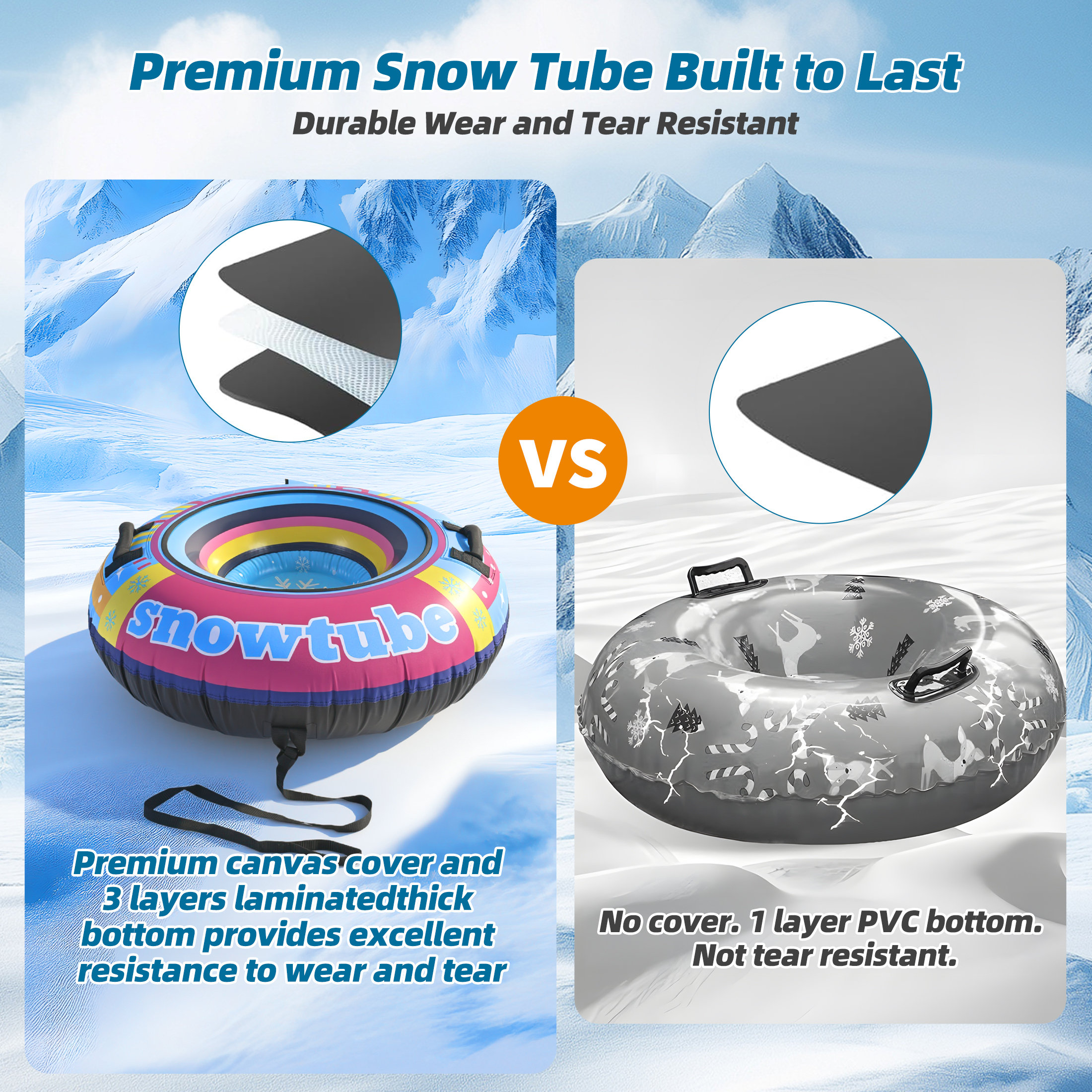 TKYHRMAS Inflatable Snow Tube Sled - 48’’ Colorful Tubes for Sledding with Premium Canvas Cover for Kids Adults Snow Toy Fun Winter Outdoor Toys for Boys Girls Ideal Christmas Birthday Gift