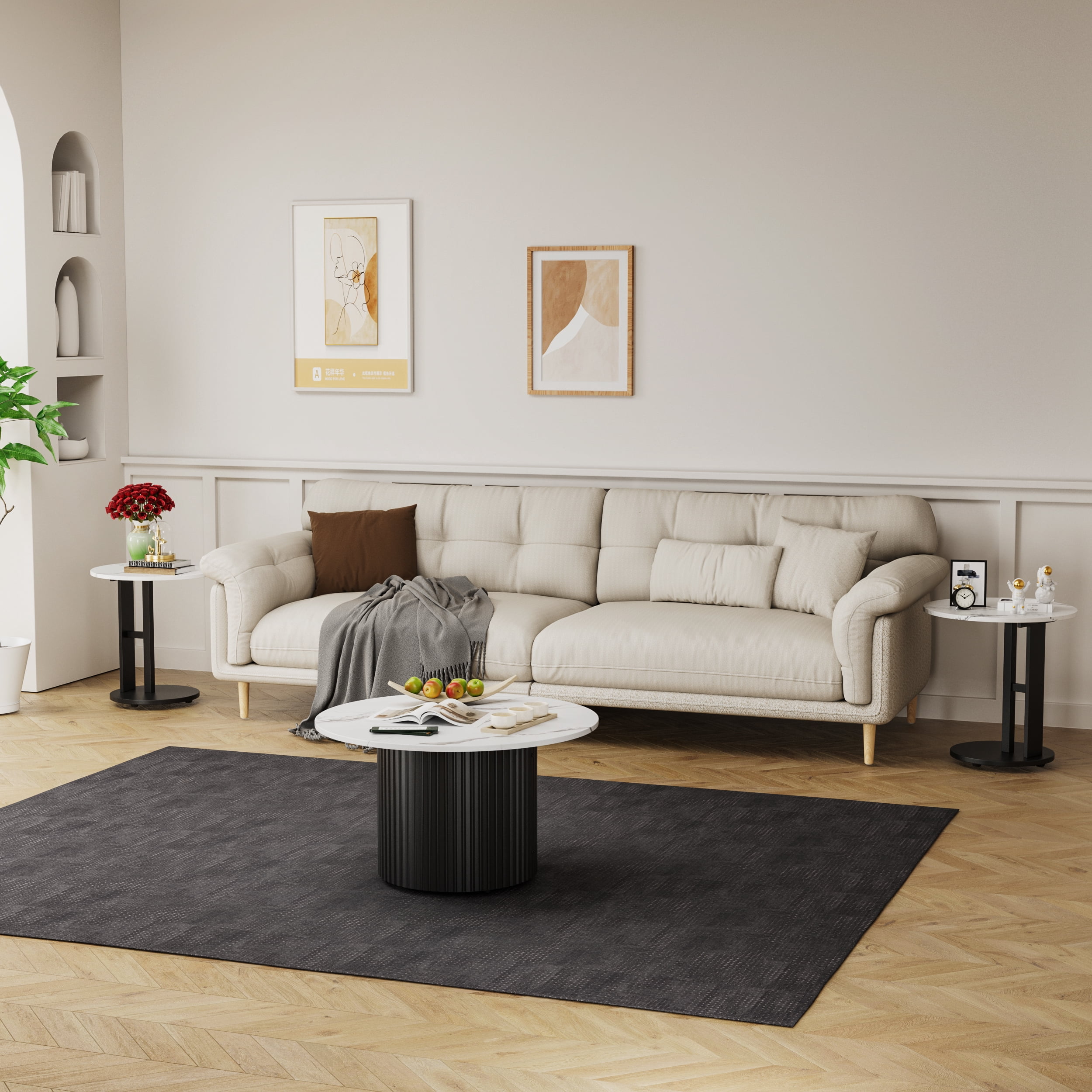 Astoutdoor Coffee Table Set of 3, Modern Nesting Tables with Faux Marble Top and Metal Legs, Round Coffee & Side Tables with Ribbed Design for Living Room, Small Space Apartment