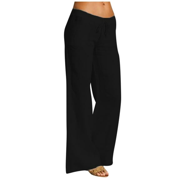 ibuvkizy Wide Leg Pants for Women High Waist Elastic Trousers Loose Casual Drawstring Long Straight Leg Pants Summer Trendy Trouser with Pocket Black,L