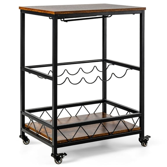 Spaco Kitchen Bar Cart Serving Trolley on Wheels with Wine Rack Glass Holder-Rustic Brown, Kitchen Storage Shelf for Spices, Pots, and Pans