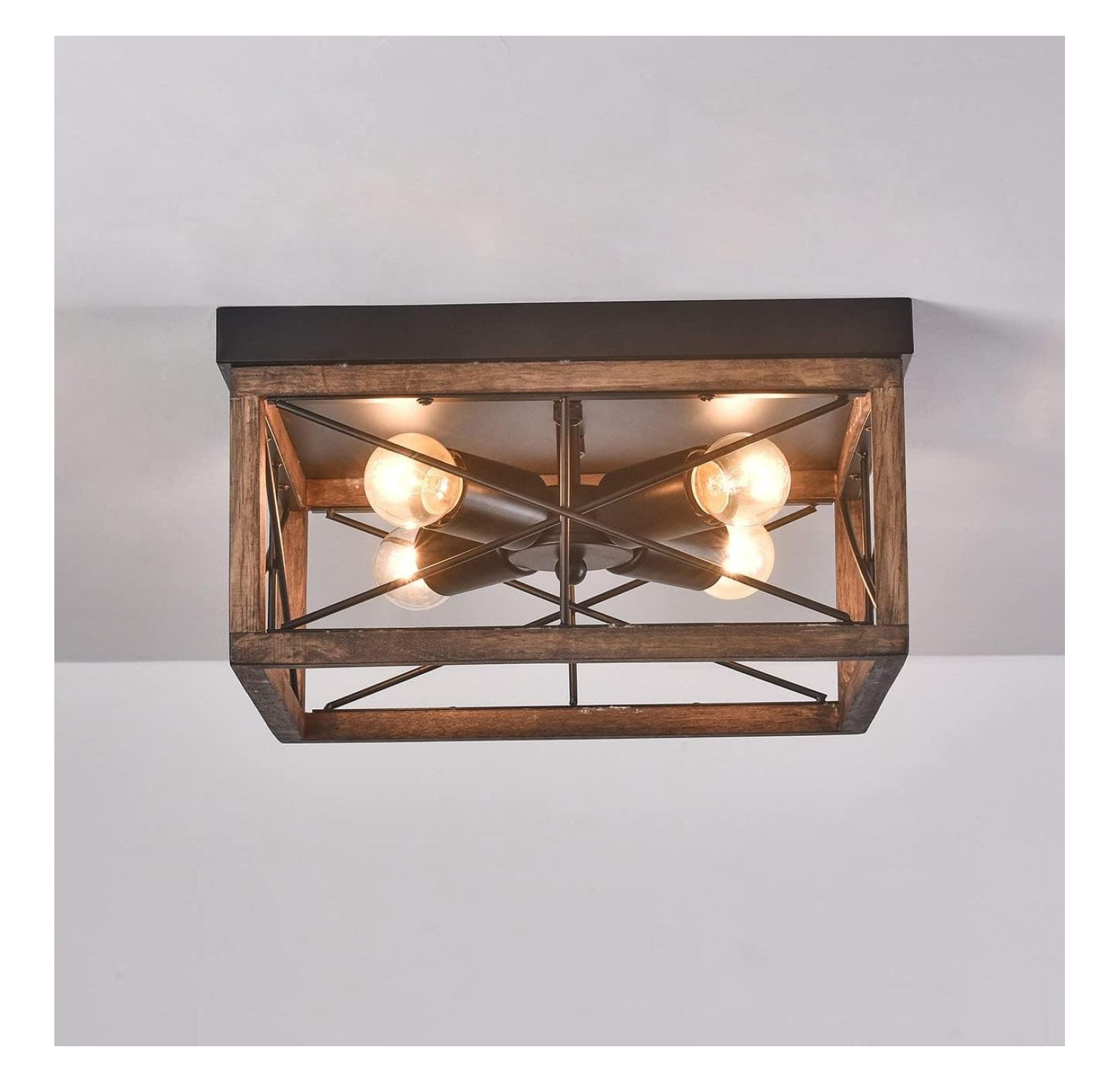 4-Light Rustic Wood Flush Mount Ceiling Light Metal Square Cage Farmhouse Lighting Close to Ceiling Light Fixture Black for Dining Room Bedroom Living Room Kitchen Hallway Entryway Foyer