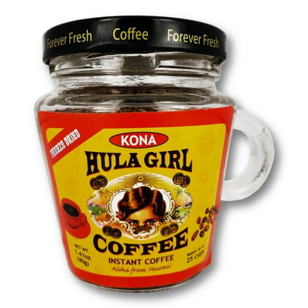 100% Hula Girl Instant Kona Coffee Freeze Dried Jar with Handle 1.4 oz