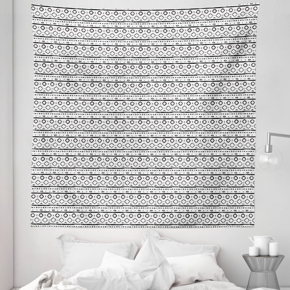 Black and White Tapestry, Grunge Composition of Oriental Geometric Motifs Triangles and Stripes, Fabric Wall Hanging Decor for Bedroom Living Room Dorm, 5 Sizes, Black White, by Ambesonne