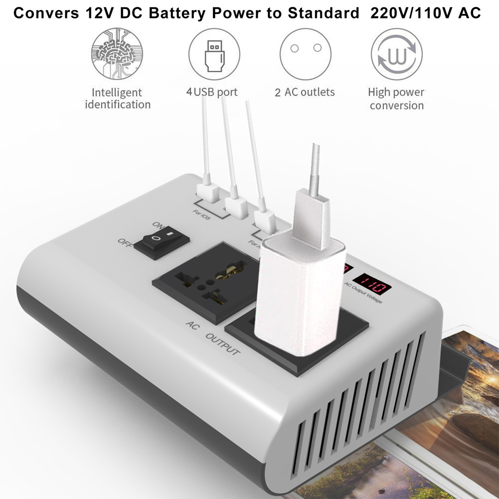 Power Inverter 300W 12V DC to 120V/110V AC with USB Charging Ports and 2 AC Outlets