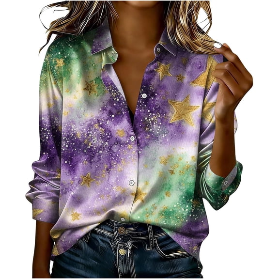 JSKUMAR Mardi Gras Shirts for Women Gradient Printed Long Sleeve Button Down Blouses Trendy Carnival Themed Outfit Top (Multicolor,M)