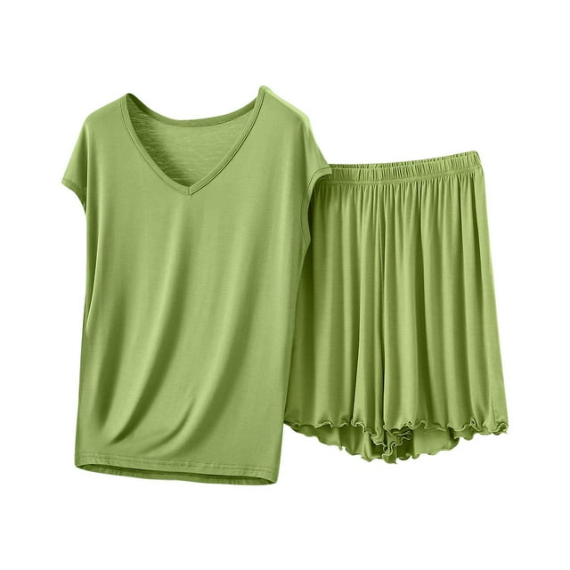 Ensemble de Pyjama Modal pour Femmes Deux Pièces Vêtements de Nuit d'Été Manches Courtes Shorts Confortables Vert, m