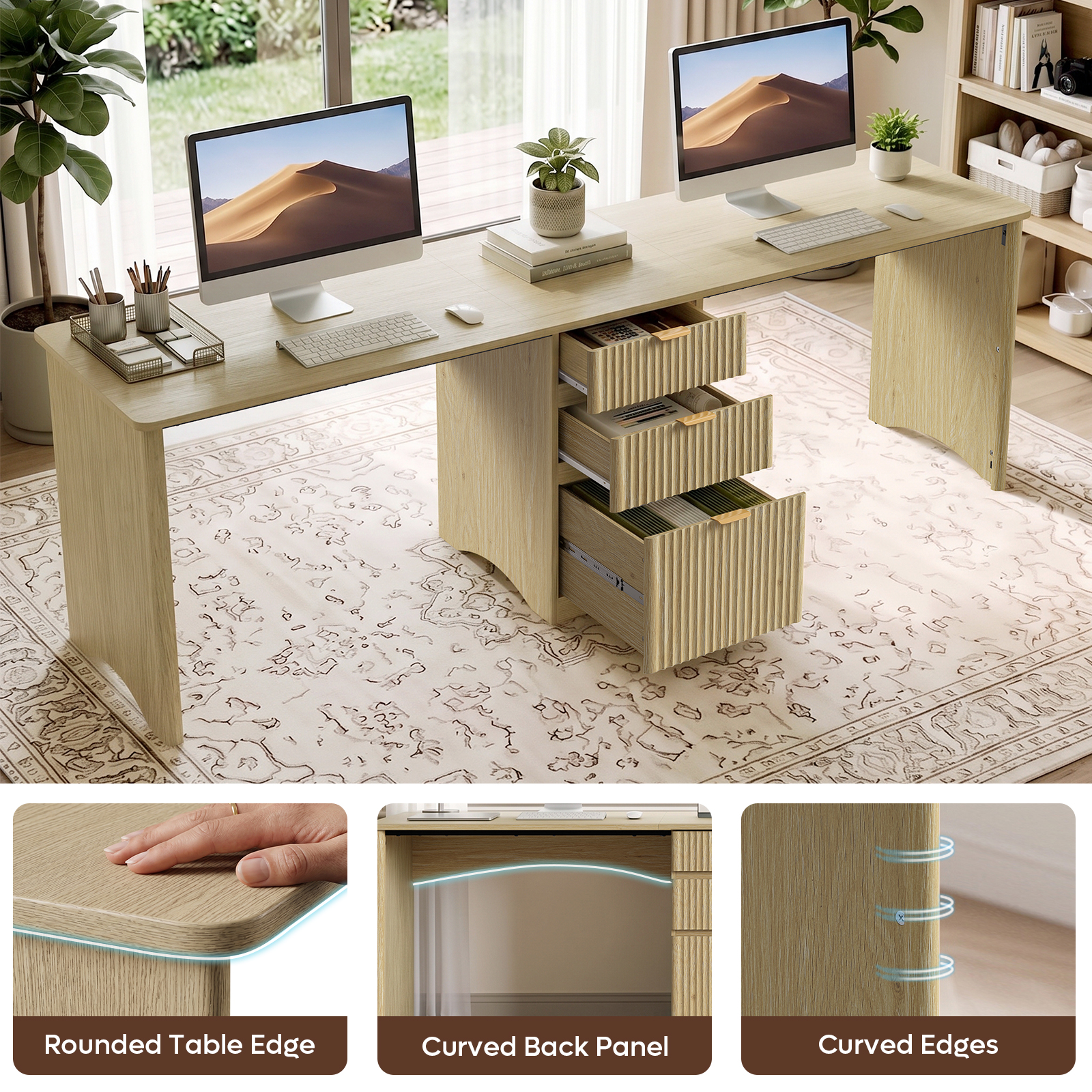 Bestier 95" Two Person Computer Desk with Drawers, Oak photo 7