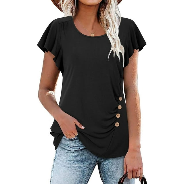Fashnice Ladies T Shirt Crewneck T-shirt Short Sleeve Summer Tops Loose Work Tee Black 2XL
