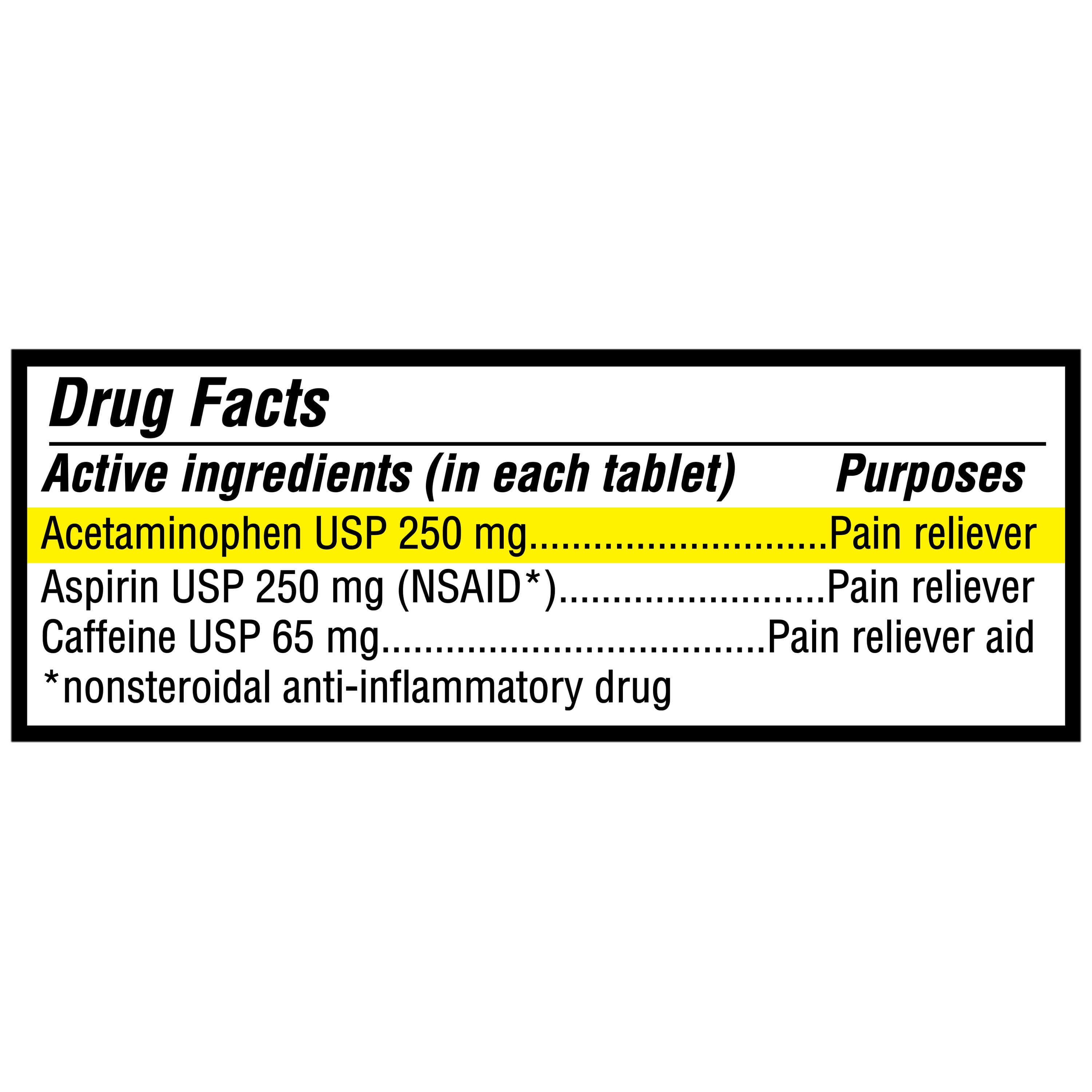 (3 pack) Equate Migraine Pain Relieving Aid Acetaminophen Aspirin and Caffeine Tablets, 100 Count, Compare to Excedrin® Migraine Relief Active Ingredients