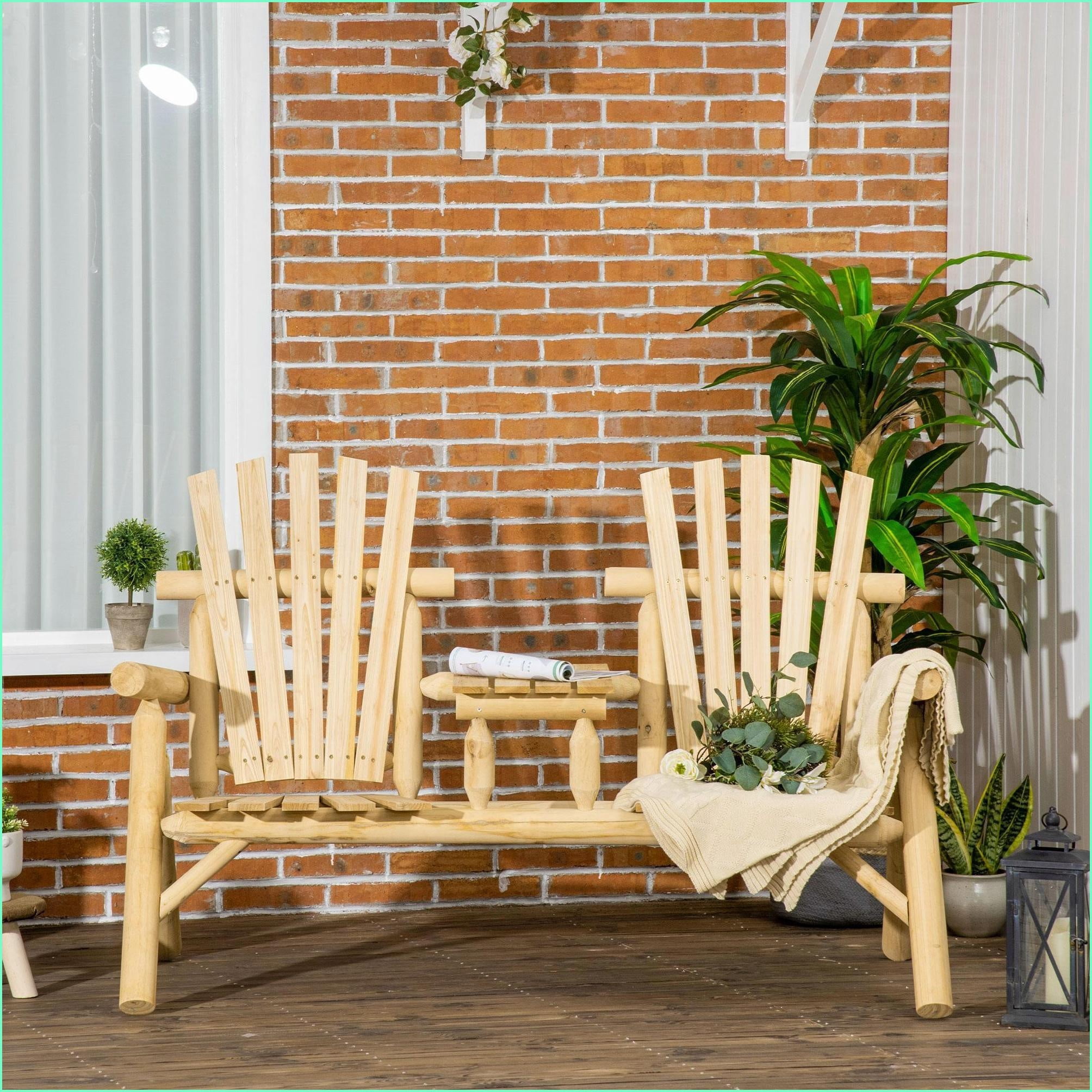 Outdoor Loveseat Adirondack Chair, 2-Seat Wooden Bench with Table/Cupholder for Porch/Backyard/Fire Pit | Natural | Slat Back