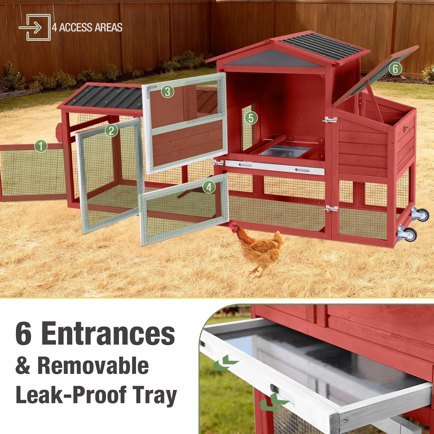 Aivituvin 83" Large Chicken Coop for 4-6 Chickens, Mobile Hen House Outdoor Wooden Poultry Cage with Wheels Nesting Box Run, Red