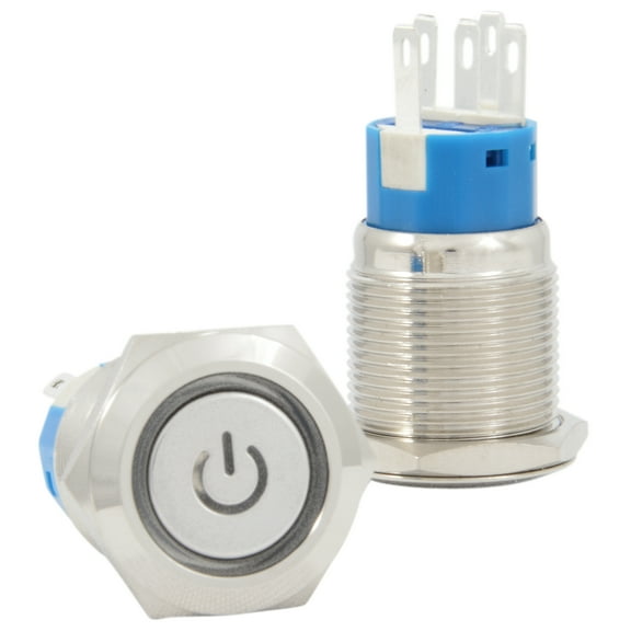 JacobsParts Latching Maintained Pushbutton ON/OFF Switch Circular Metal Silver with Blue Power Symbol LED Light fits 3/4" (19mm) Diameter Panel Cutout Hole
