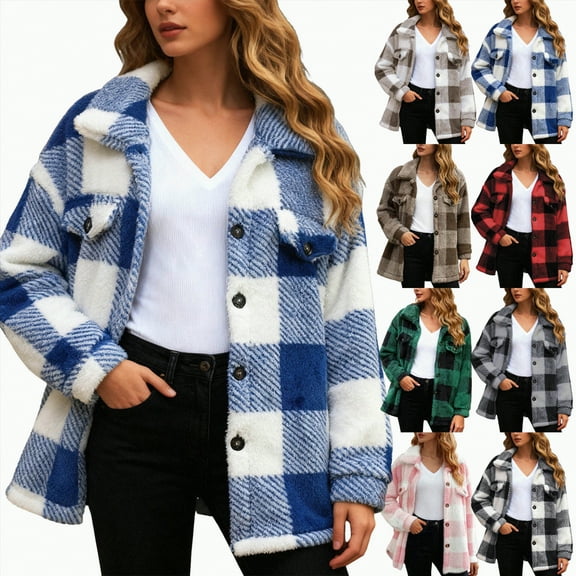 adviicd Women Plaid Jacket Fleece Teddy Coat with Button Front,Warm Sherpa Winter Jacket (Blue, 3XL)