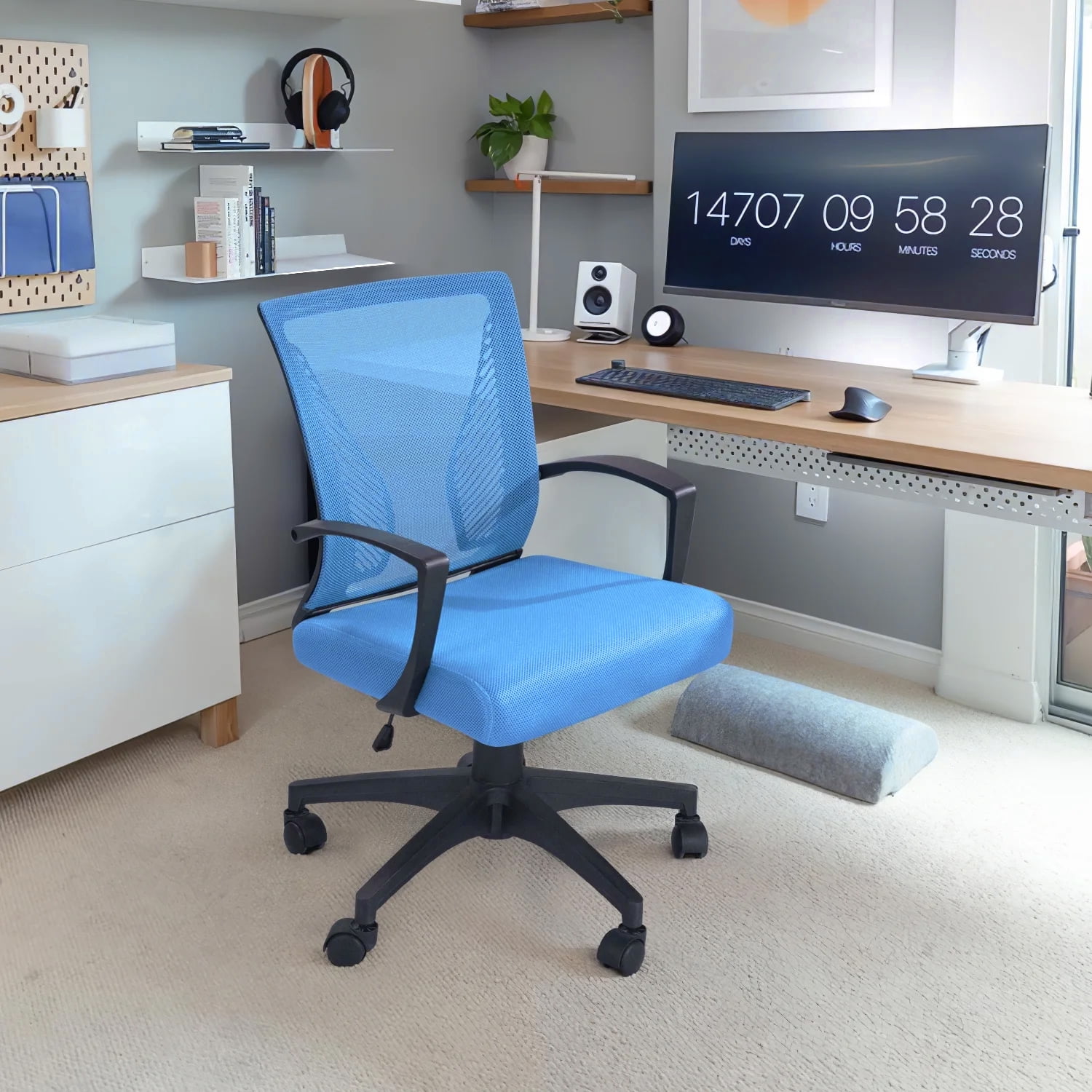 Furmax Office Mid Back Swivel Lumbar Support Desk, Computer Ergonomic Mesh Chair with Armrest, Blue