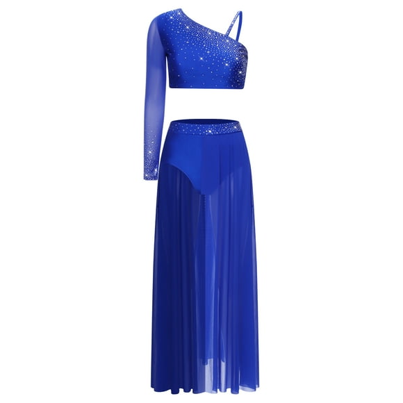 vastwit Lyrical Dance Outfit for Women Rhinestone Irregular Crop Top with Maxi Skirt Modern Dancing Clothes Set Royal Blue XL