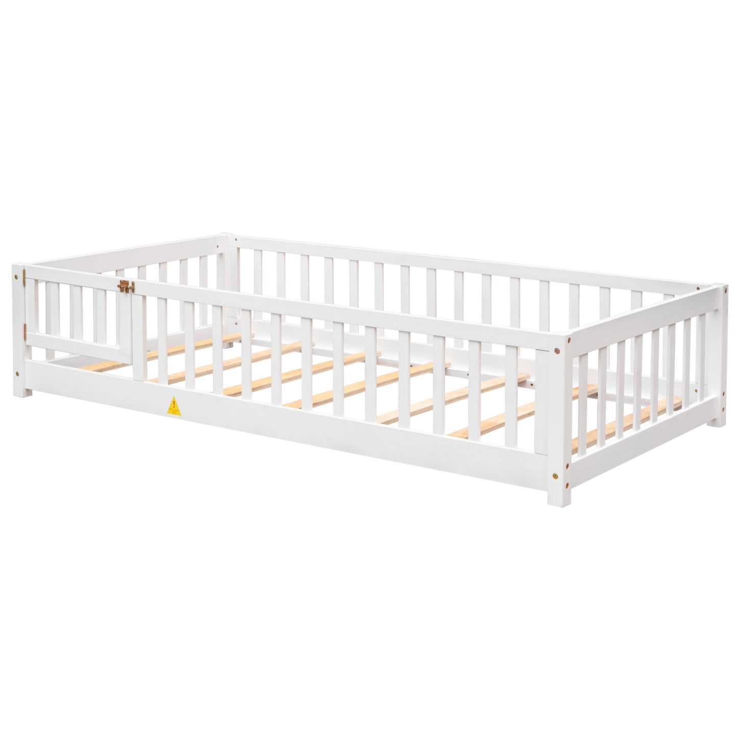 Twin Size Floor Bed, Wood Platform Bed with Fence and Door, Montessori Bed Frame with Slats Support, No Box Spring Needed,White
