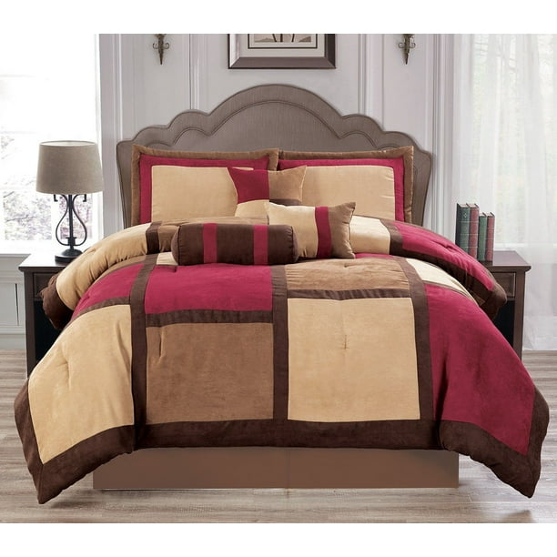 Soft Suede Burgundy & Taupe Bentley 7 Piece Comforter Set Califonia
