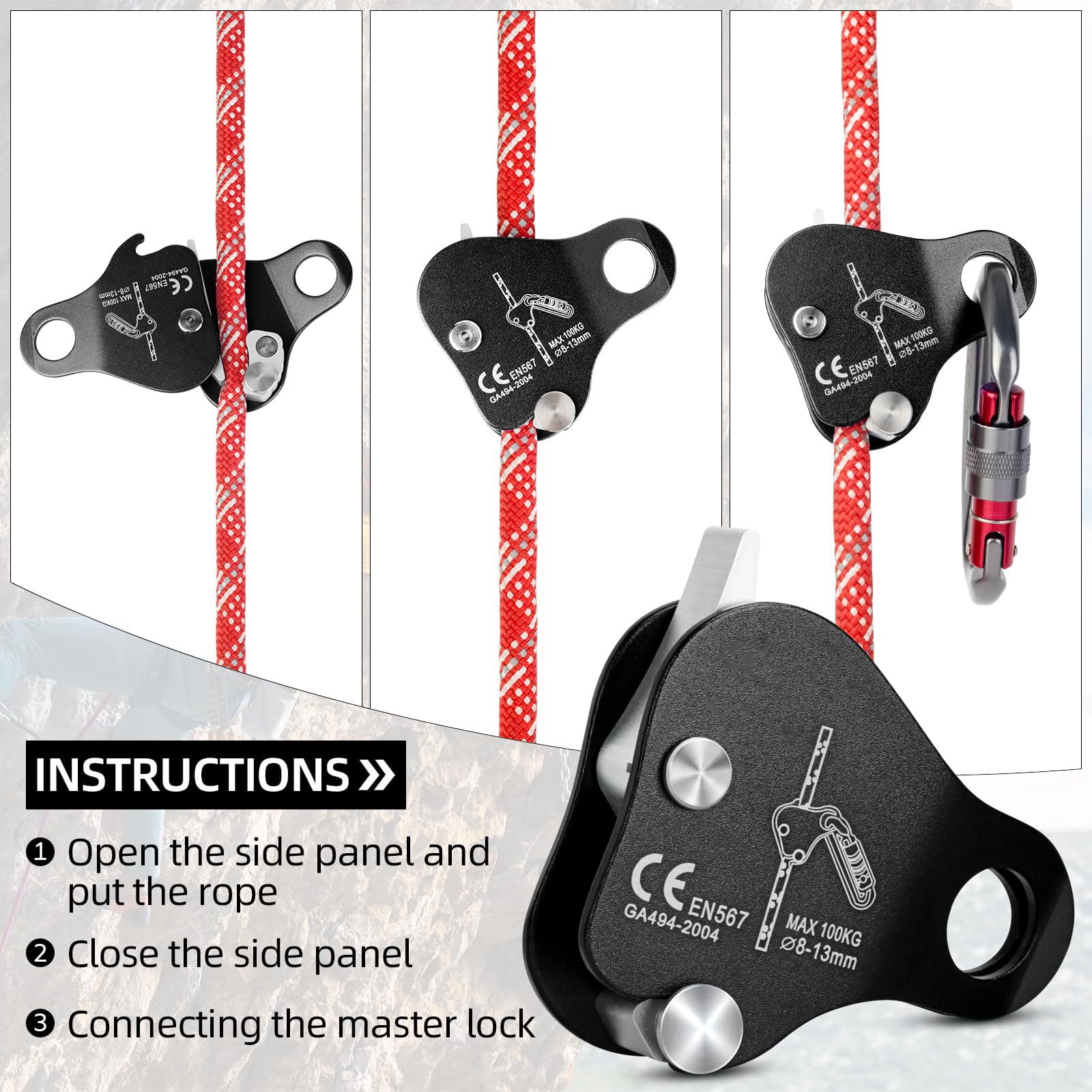 Climbing Ascender Rope Grab Fall Protection Belay Device Tree Climbing Gear Rappelling Equipment Rope Ascender for Rock Climbing Mountaineering Arborist Caving Rescue Aerial Work 8-12 mm Ropes