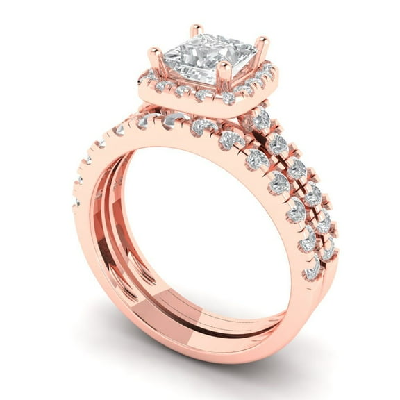 2.01 ct Brilliant Princess Cut White Sapphire 14k Rose Gold Halo Solitaire with Accents Engagement Bridal Wedding Ring Band Set size 6.25