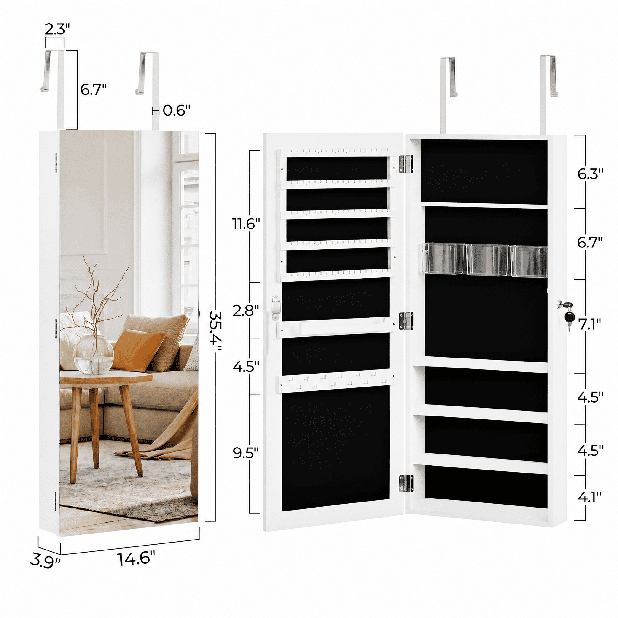 Whole Surface PVC Film Wall-Mounted Jewelry Cabinet With Mirror & Lock Large Storage For Accessories White