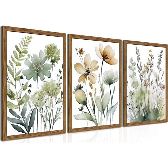 Ensemble de 3 Affiches Murales Botaniques Vert Sauge, Peintures Décoratives Murales Boho à Fleurs, Affiches Minimalistes pour Chambre Salle de Bain Salon Décoration Maison 20 Pouces*28 Pouces