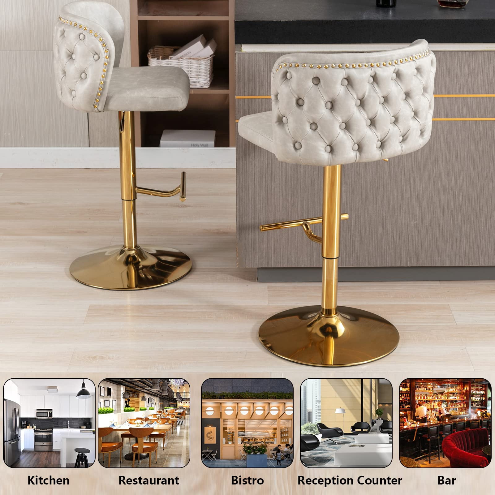 DONICK Swivel Counter Height Barstools,Upholstered Bar Stools Adjustable Height Nailhead Button Tufted Kitchen Island (PU,Beige,Set of 2)