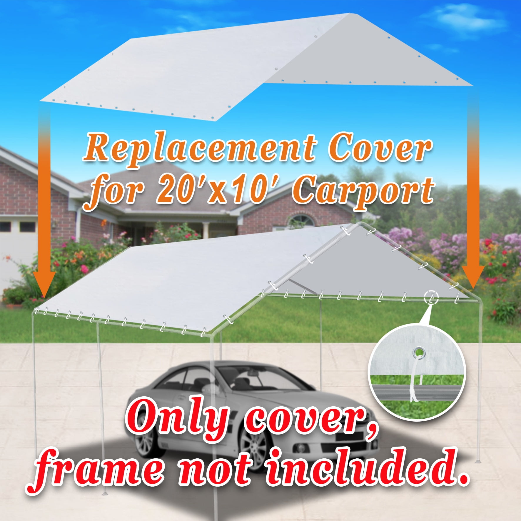 SUNNY 10'x20' Carport Replacement Canopy Cover for Outdoor Tent Garage Shelter, w/ Cable Ties (without edge)
