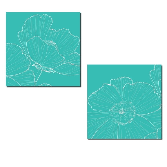 Gango Home Decor Modern Teal Poppy Outline Adult Floral Decor; 2 - 12" x 12" Un-Framed Posters