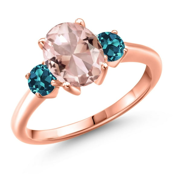 Gem Stone King 18K Rose Gold Plated Silver Peach Nano Morganite and London Blue Topaz Engagement Ring for Women | 2.66 Cttw | Oval 9X7MM | Gemstone October Birthstone | Size 7
